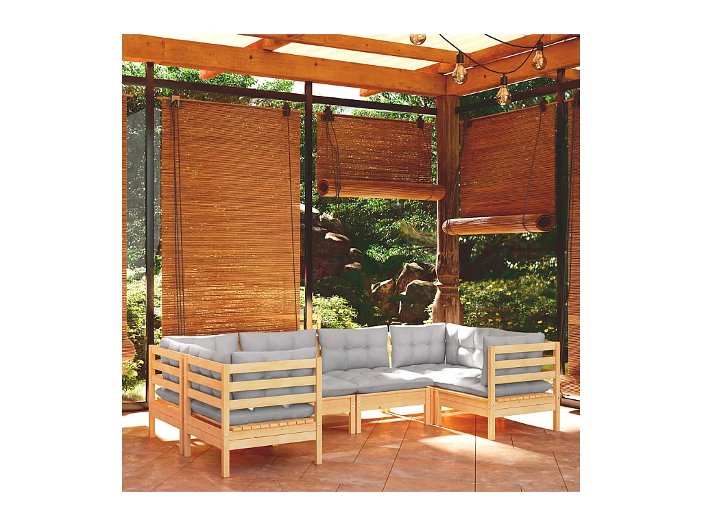 Salon de jardin 6 pcs avec coussins gris bois de pin
