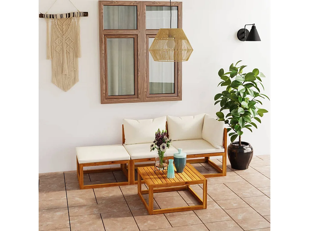 Salon de jardin 4 pcs avec coussin Crème Bois d'acacia solide