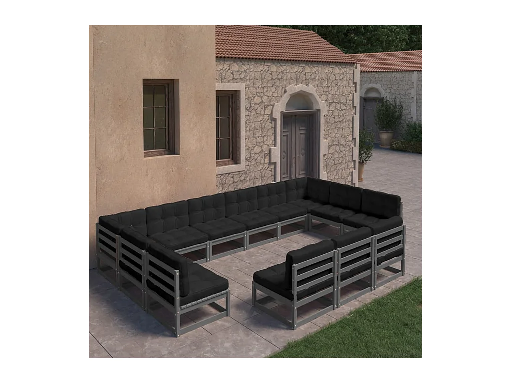 Salon de jardin 13 pcs avec coussins Gris Bois de pin massif