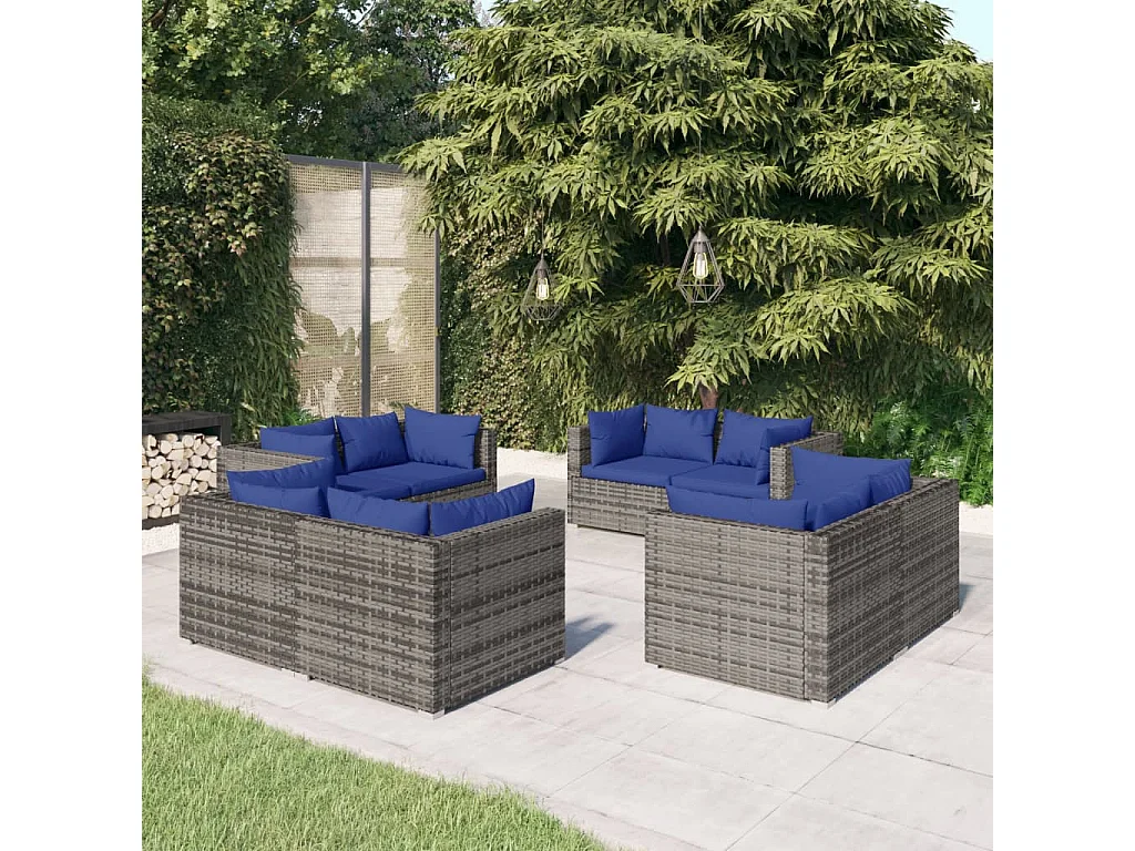 Salon de jardin 8 pcs avec coussins résine tressée gris