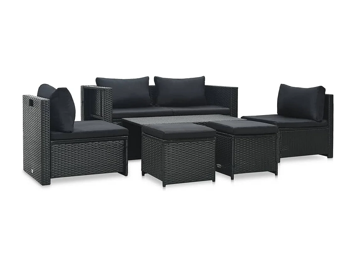 6 pcs conjunto lounge de jardim c/ almofadões vime PE preto