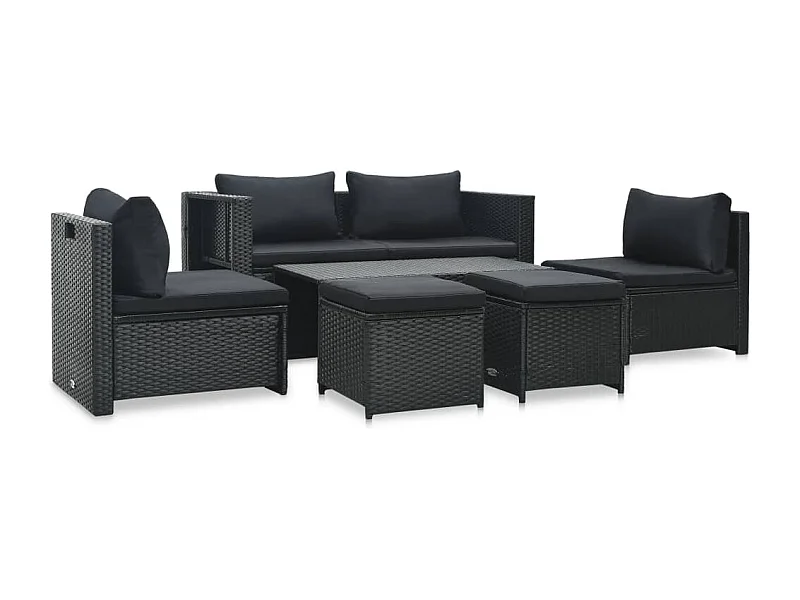 6-delige Loungeset met kussens poly rattan zwart