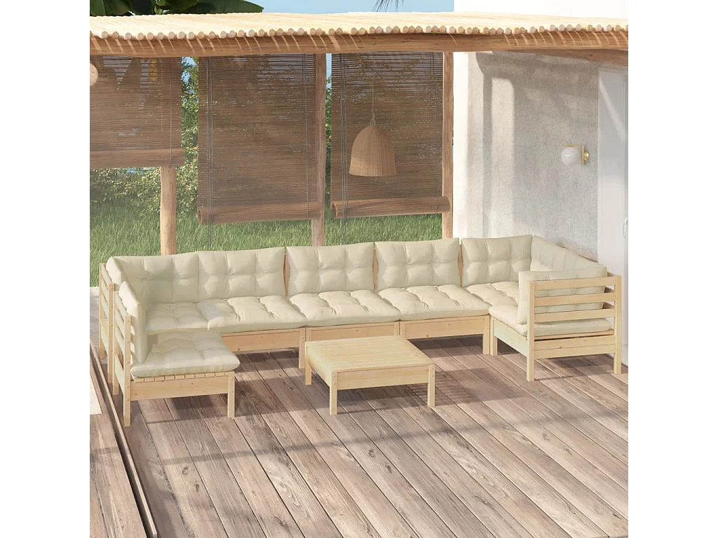 8-tlg. Garten-Lounge-Set mit Creme Kissen Kiefernholz