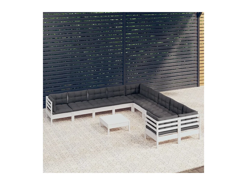 Set Divani da Giardino 11 pz con Cuscini Bianchi Legno di Pino
