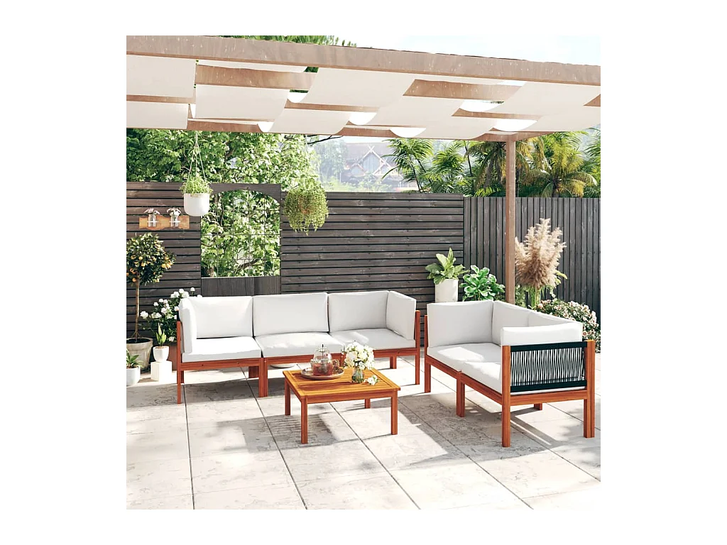 Salon de jardin 6 pièces avec coussins, bois d'acacia crème et corde