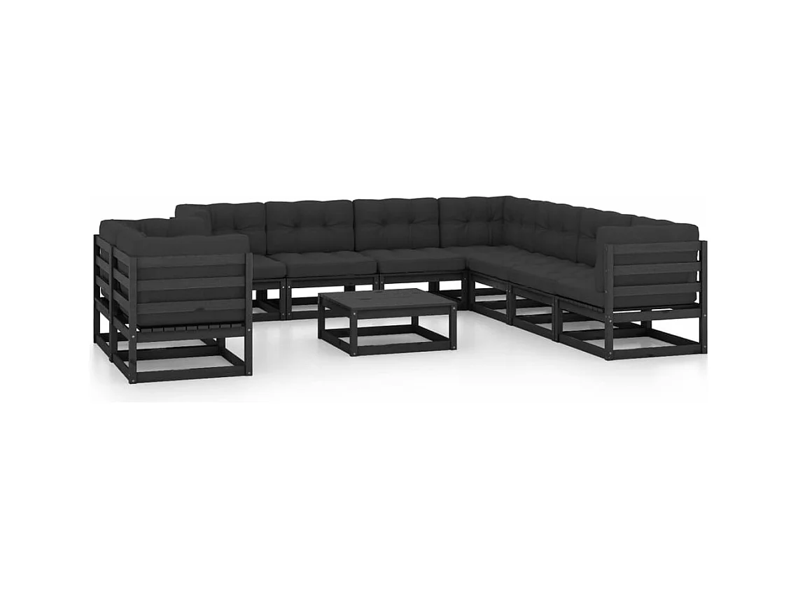 10-delige Loungeset met kussens massief grenenhout zwart