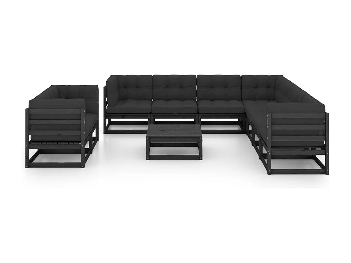 10 pcs conjunto lounge jardim c/ almofadões pinho maciço preto