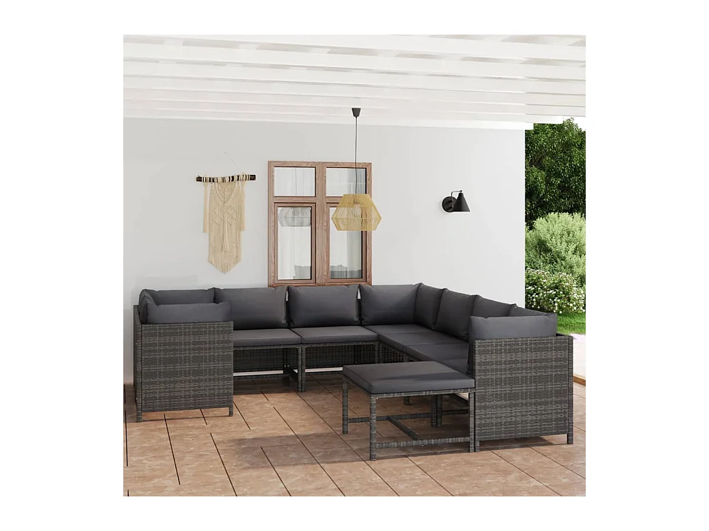 Salon de jardin 9 pcs avec coussins Résine tressée Gris