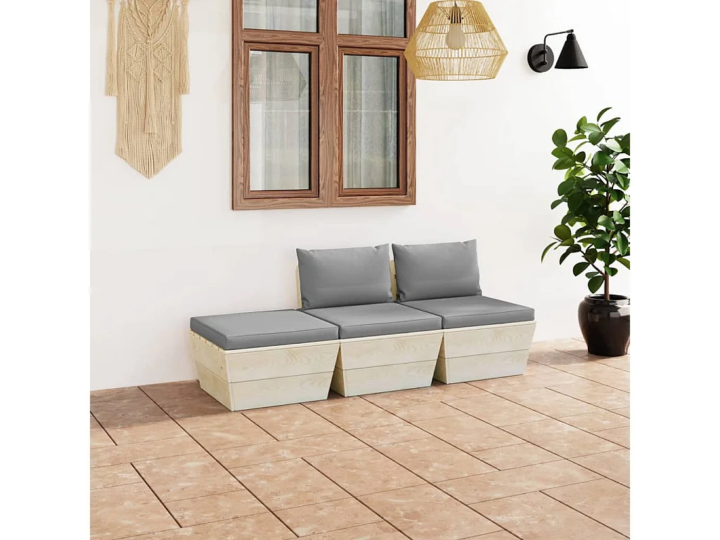 Salon de jardin palette 3 pcs avec coussins bois d'épicéa