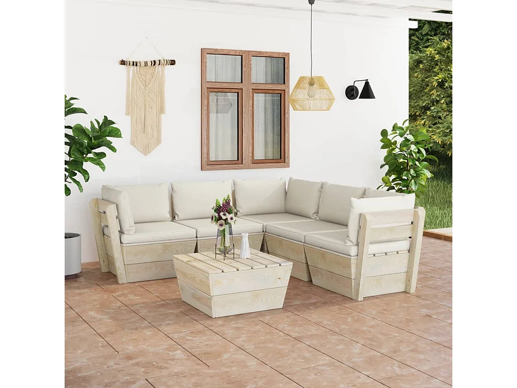 Salon de jardin palette 6 pcs avec coussins bois d'épicéa