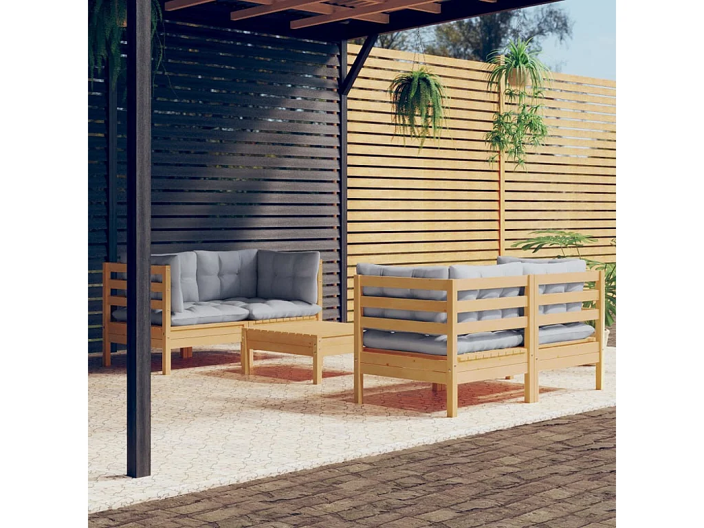 Set Divani da Giardino 5 pz con Cuscini Grigi Massello di Pino