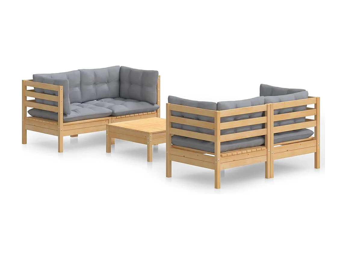 Set Divani da Giardino 5 pz con Cuscini Grigi Massello di Pino
