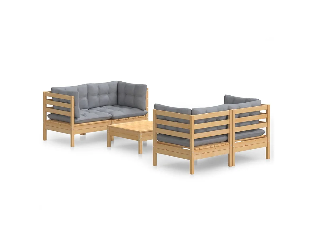 Set Divani da Giardino 5 pz con Cuscini Grigi Massello di Pino