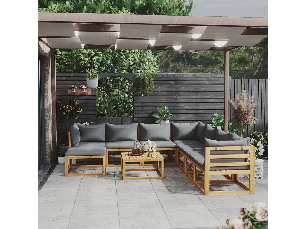 Salon de jardin 9 pcs avec coussin Bois d'acacia solide