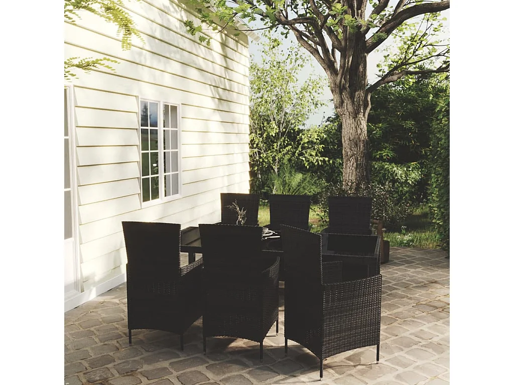 7-tlg. Garten-Essgruppe mit Auflagen Poly Rattan Schwarz