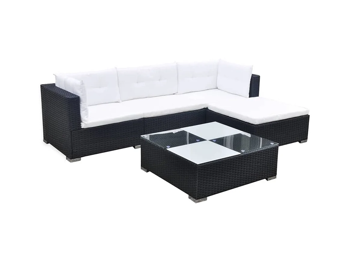 5 pcs conjunto lounge de jardim c/ almofadões vime PE preto