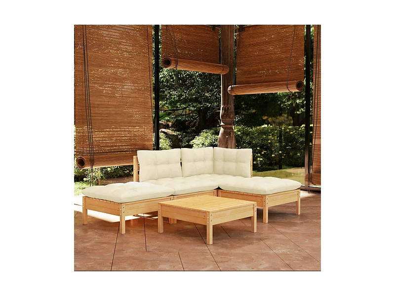 5-delige Loungeset met crèmekleurige kussens grenenhout