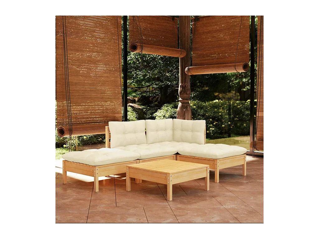 Salon de jardin 5 pcs avec coussins crème bois de pin