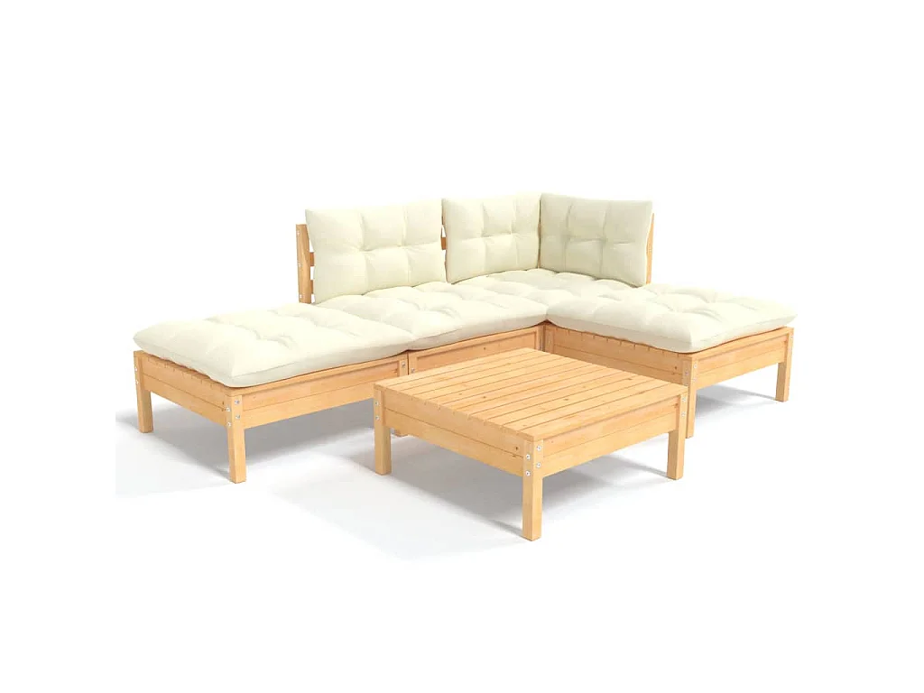 Salon de jardin 5 pcs avec coussins crème bois de pin