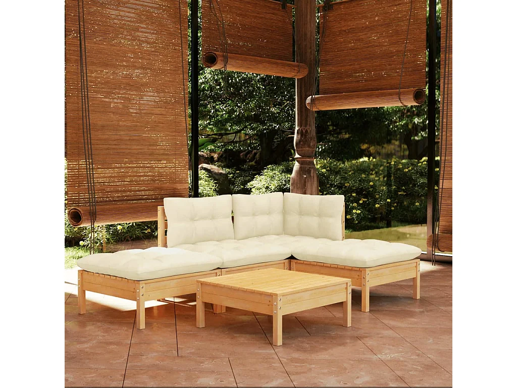 Salon de jardin 5 pcs avec coussins crème bois de pin