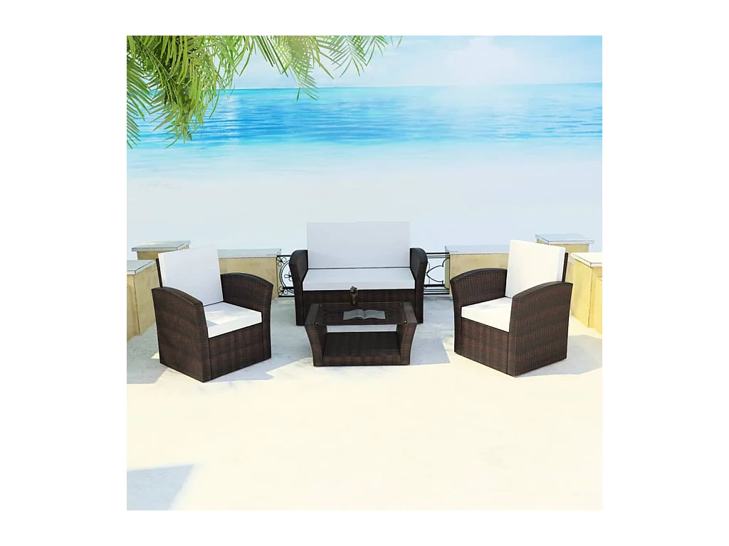 Set Divani da Giardino 4 pz con Cuscini in Polyrattan Marrone
