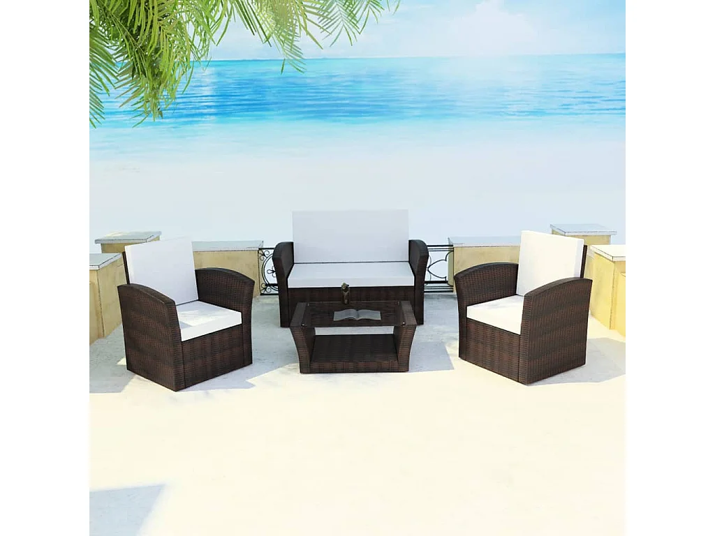 Salon de jardin 4 pcs avec coussins Résine tressée Marron