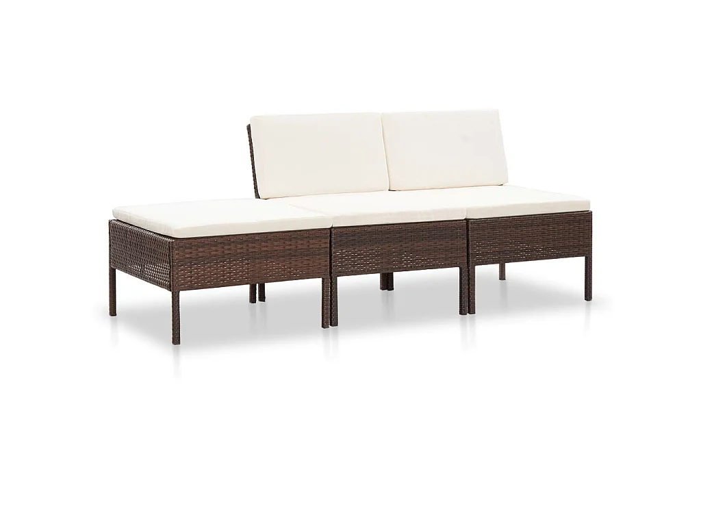 Set muebles de jardín 3 pzas y cojines ratán sintético marrón