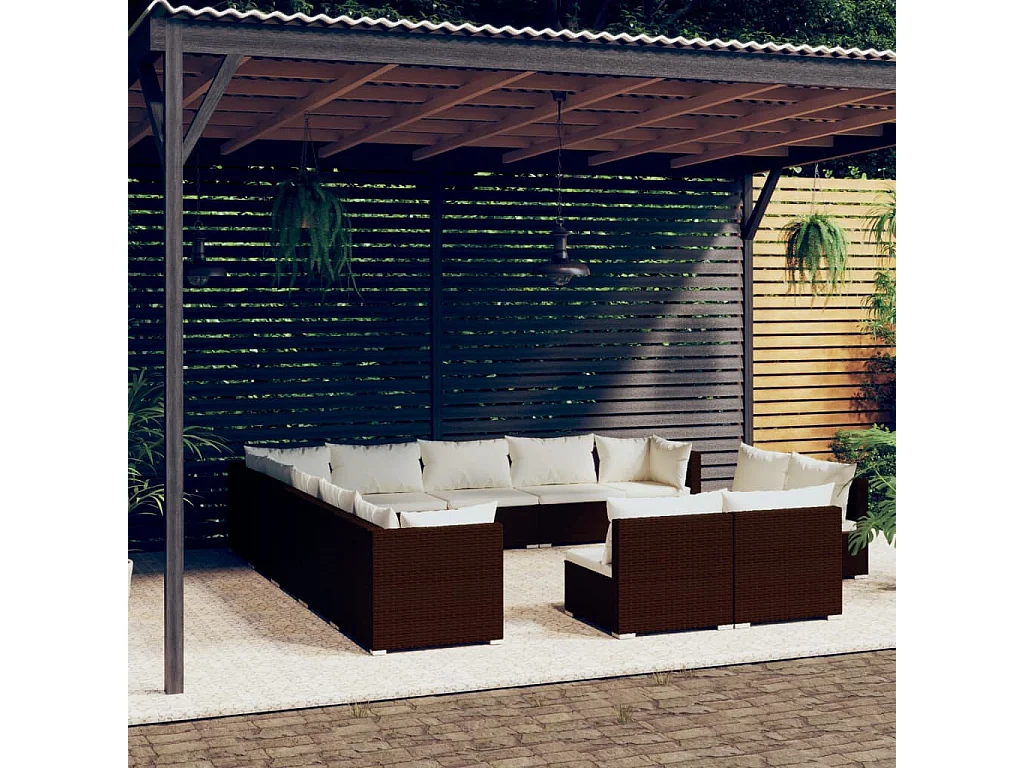 Salon de jardin 13 pcs avec coussins Marron Résine tressée