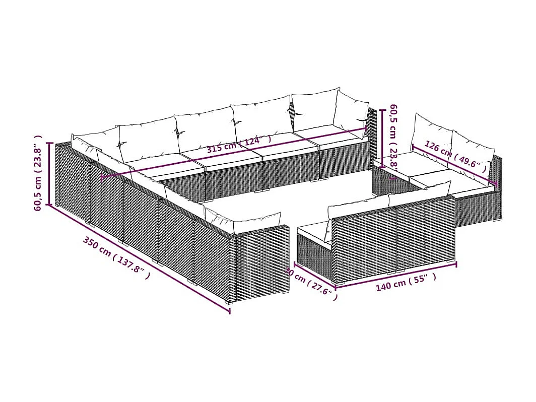 Salon de jardin 13 pcs avec coussins Marron Résine tressée