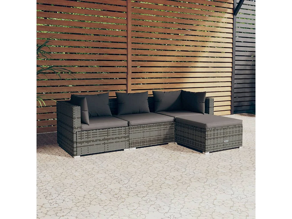 4 pcs conjunto lounge de jardim c/ almofadões vime PE cinzento