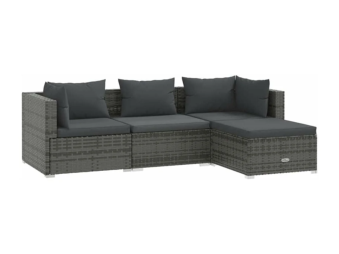 4 pcs conjunto lounge de jardim c/ almofadões vime PE cinzento