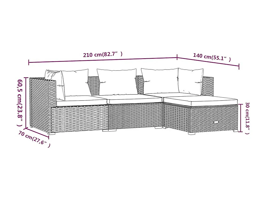 4 pcs conjunto lounge de jardim c/ almofadões vime PE cinzento