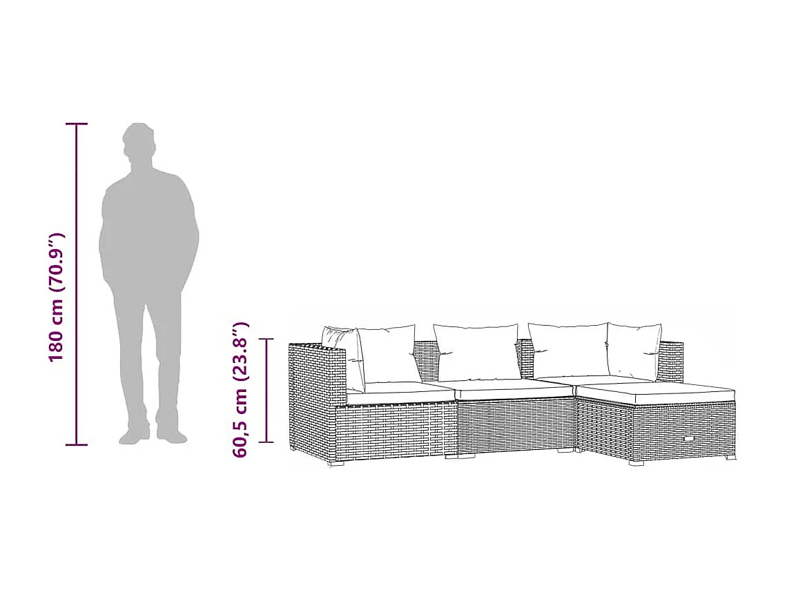 4 pcs conjunto lounge de jardim c/ almofadões vime PE cinzento