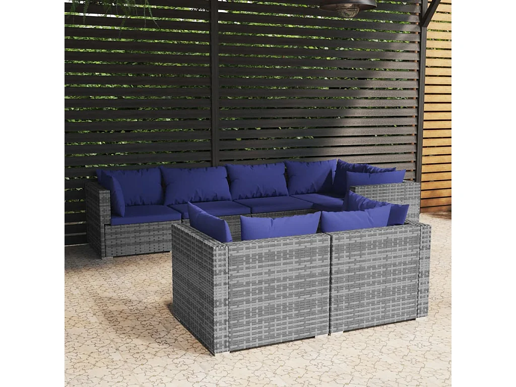 7 pcs conjunto lounge de jardim c/ almofadões vime PE cinzento