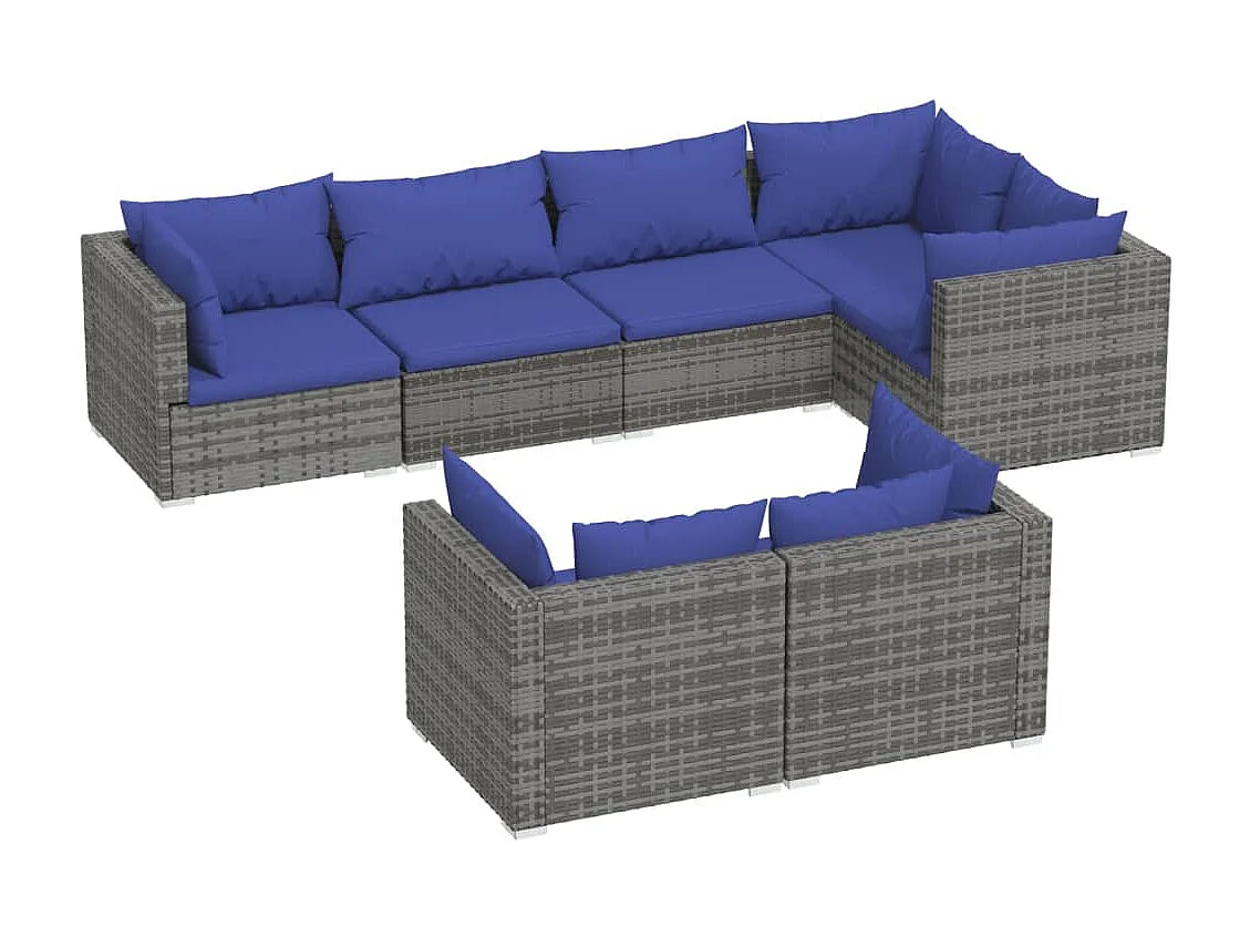 7 pcs conjunto lounge de jardim c/ almofadões vime PE cinzento