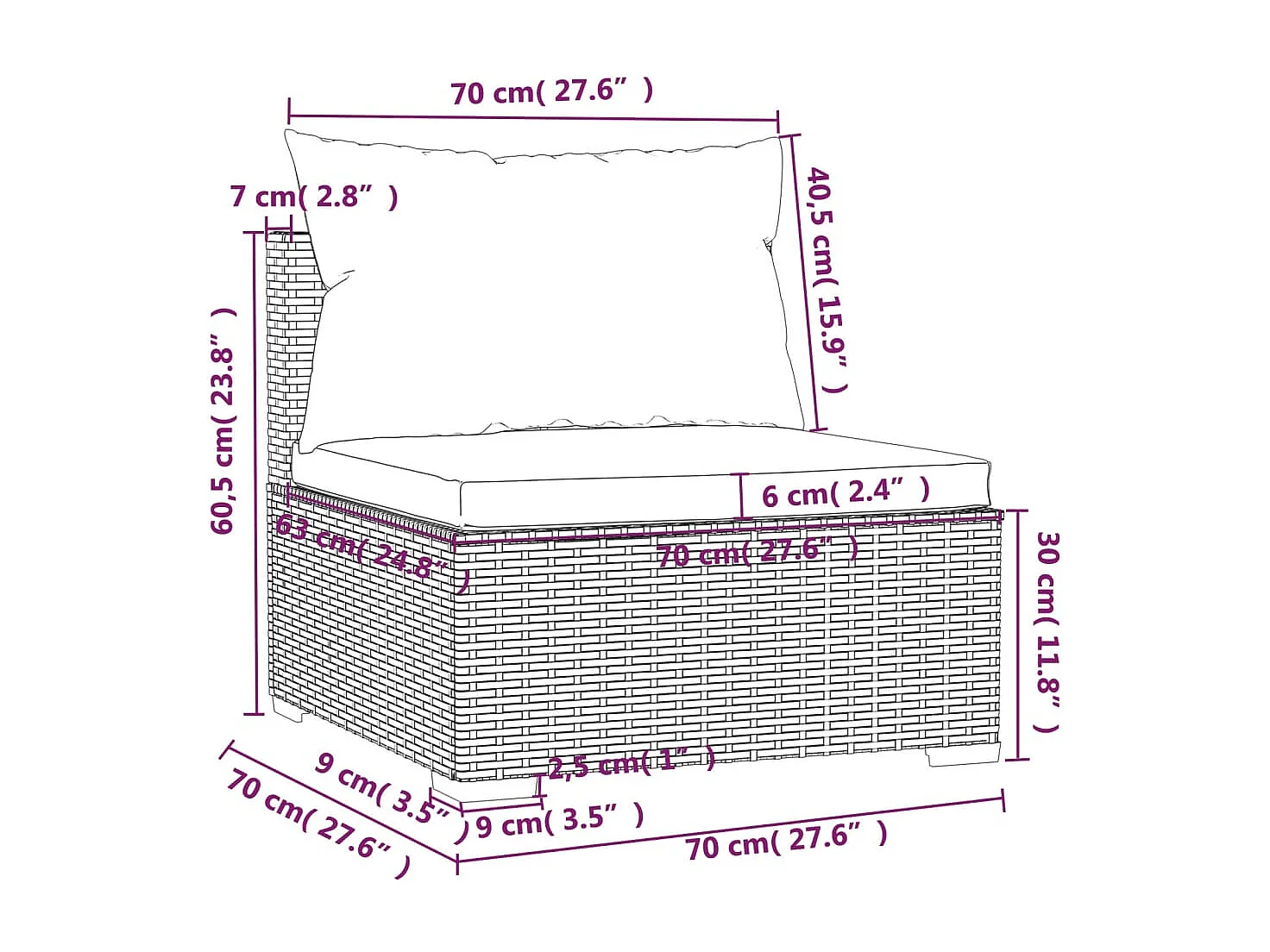 7 pcs conjunto lounge de jardim c/ almofadões vime PE cinzento
