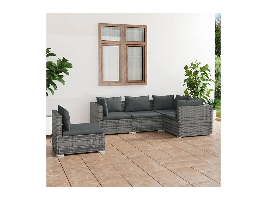 Salon de jardin 5 pcs avec coussins Résine tressée Gris