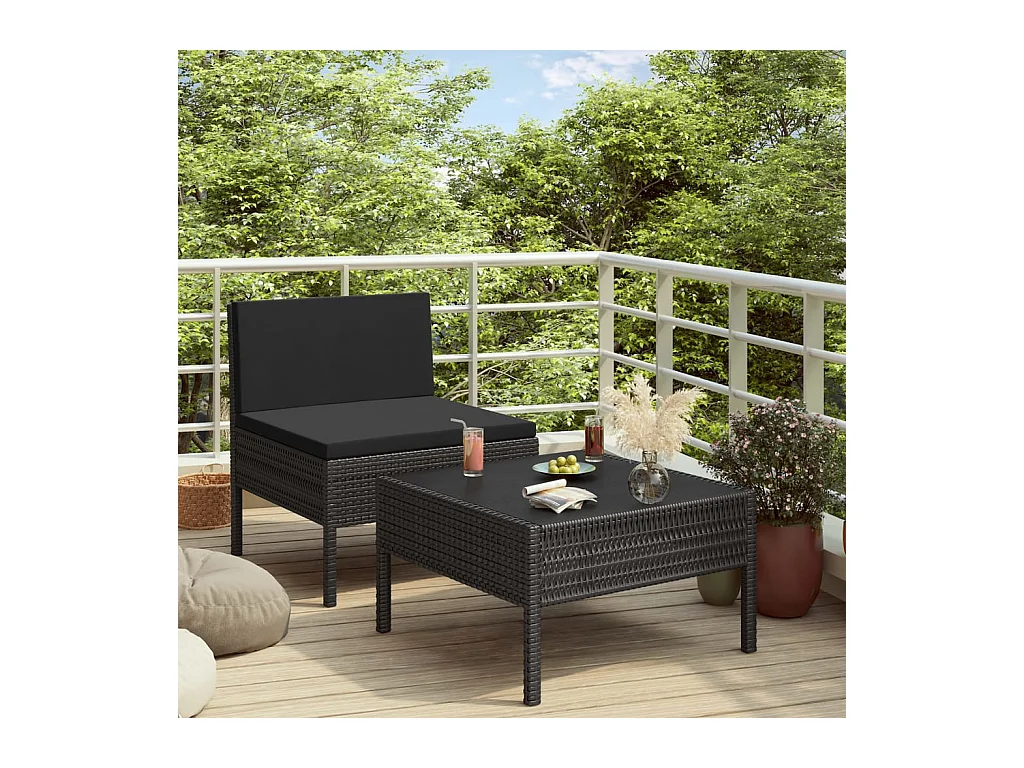2-delige Loungeset met kussens poly rattan zwart
