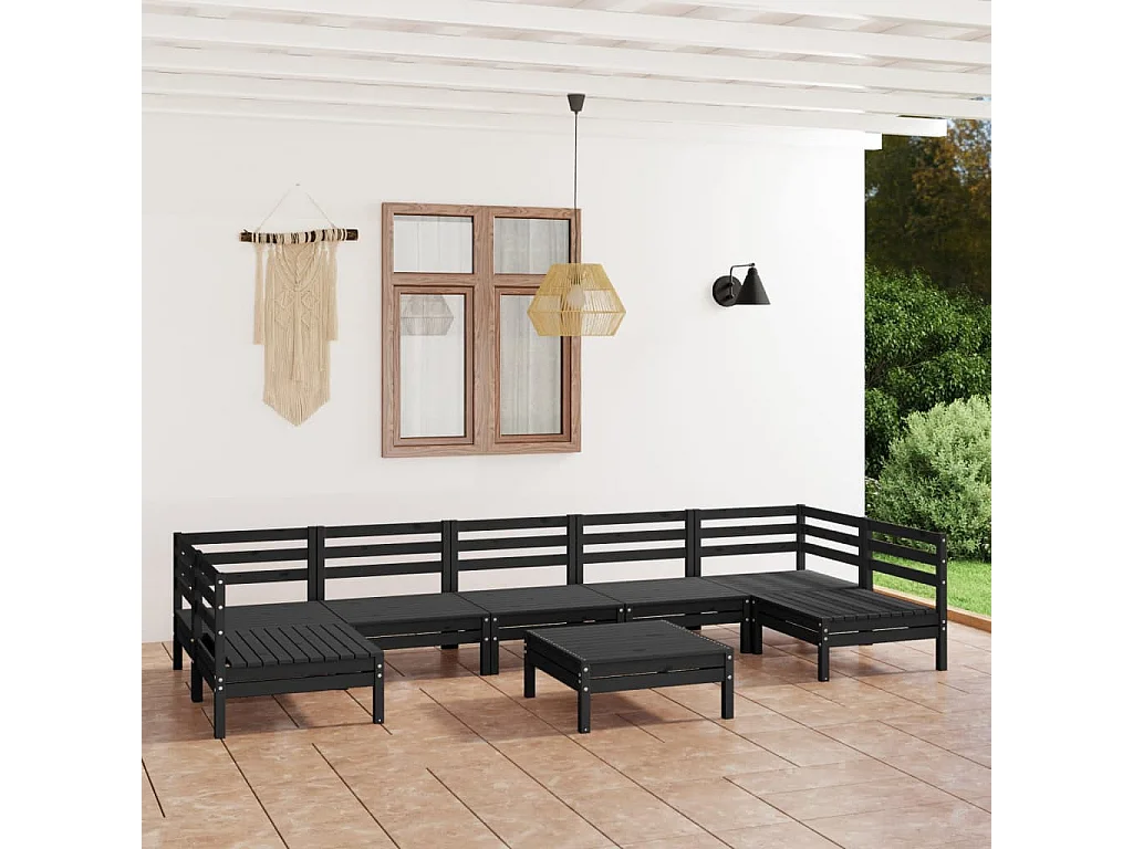 Salon de jardin 8 pcs Noir Bois de pin massif