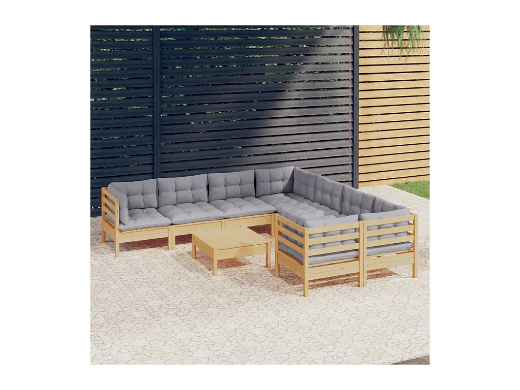 Set Divani da Giardino 9 pz con Cuscini Grigi Massello di Pino