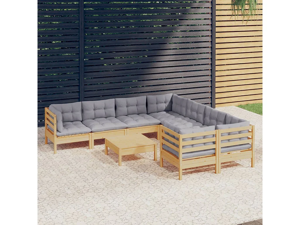 Salon de jardin 9 pcs avec coussins gris bois de pin