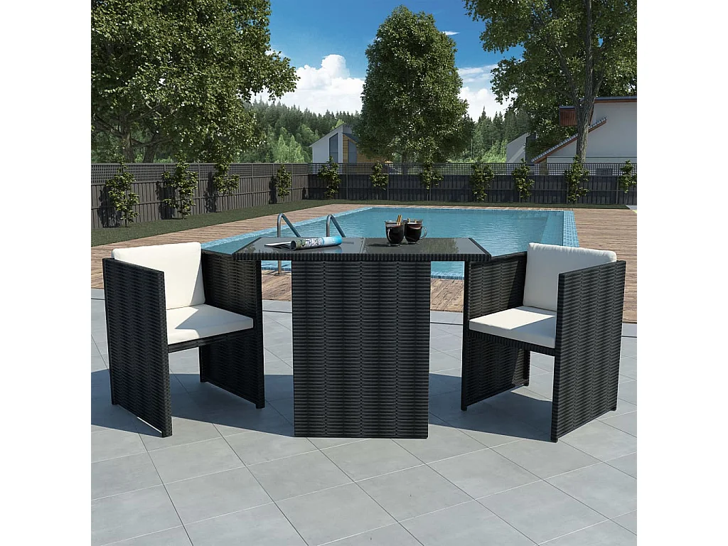 3 pcs conjunto bistrô com almofadões vime PE preto