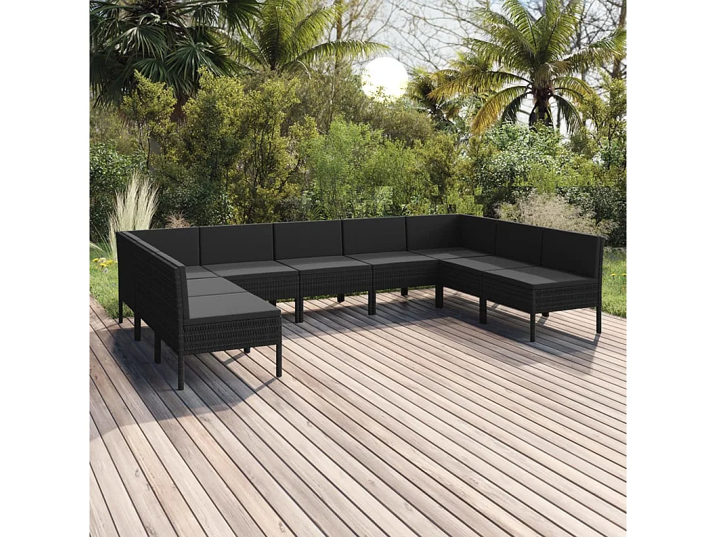 Salon de jardin 9 pcs avec coussins Résine tressée Noir