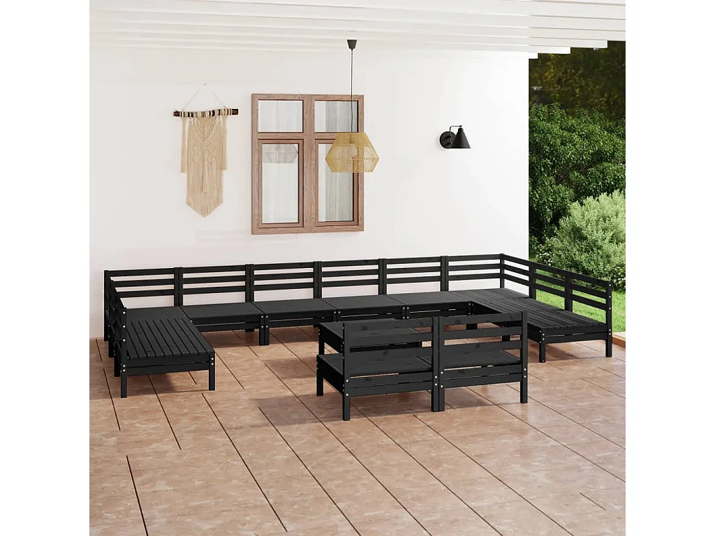 Set Salotto da Giardino 13 pz in Legno Massello di Pino Nero