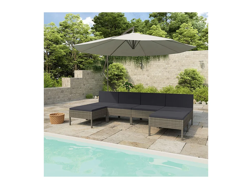 6-delige Loungeset met kussens poly rattan grijs