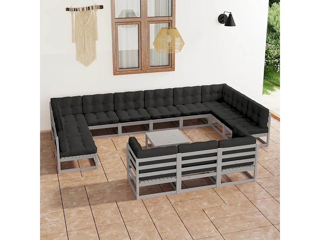 Salon de jardin 14 pcs avec coussins Gris Bois de pin massif