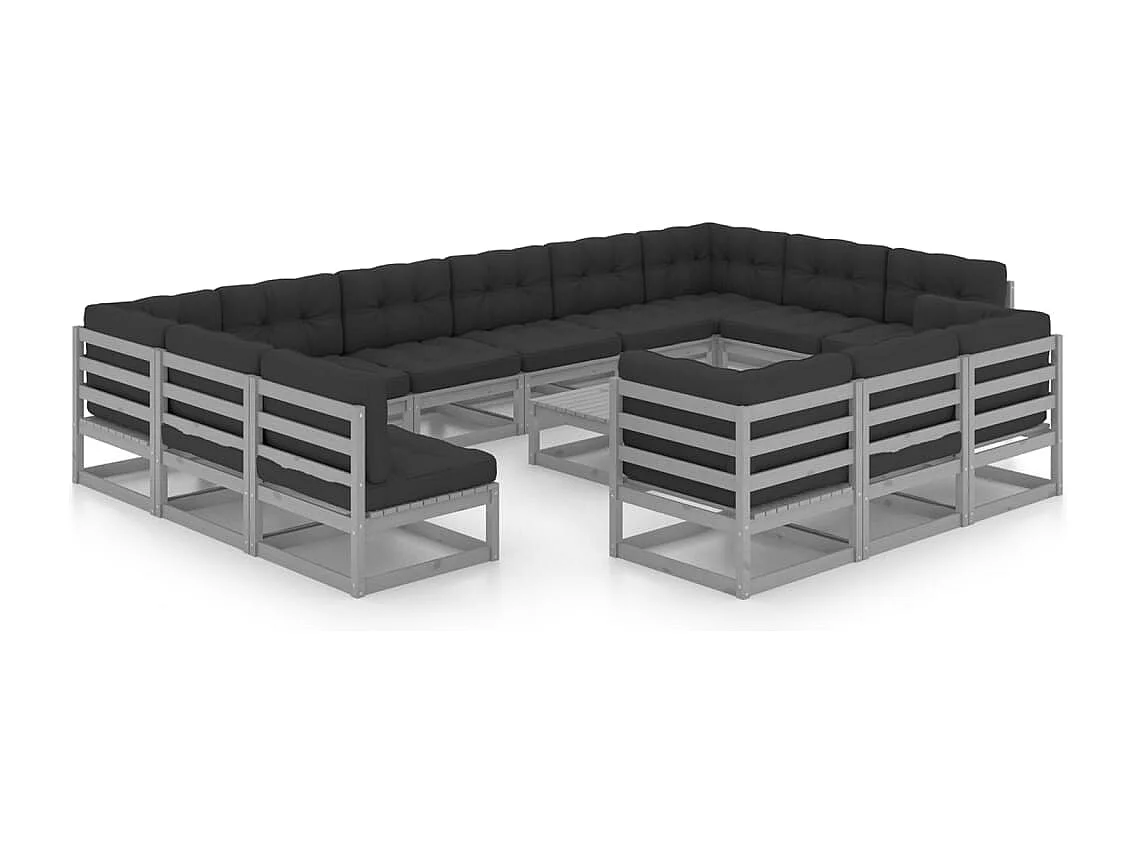 Salon de jardin 14 pcs avec coussins Gris Bois de pin massif