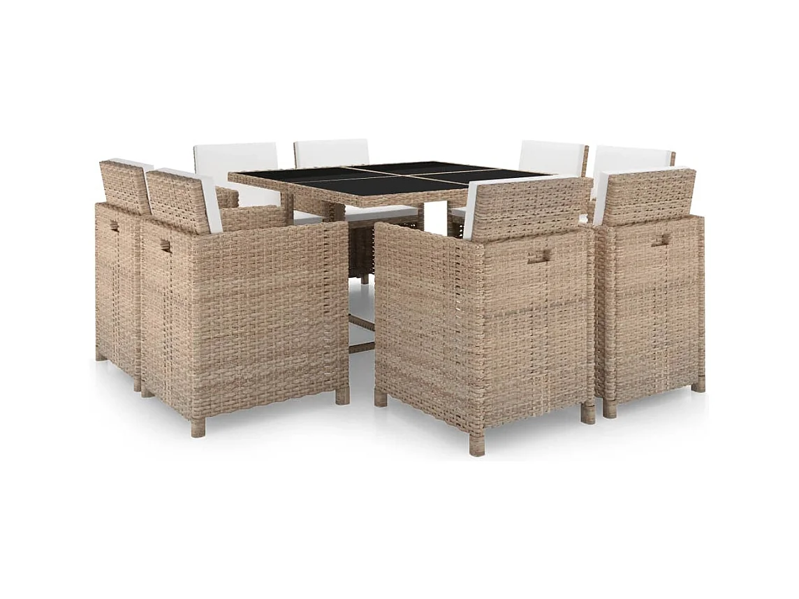 9-tlg. Garten-Essgruppe mit Auflagen Poly Rattan Beige