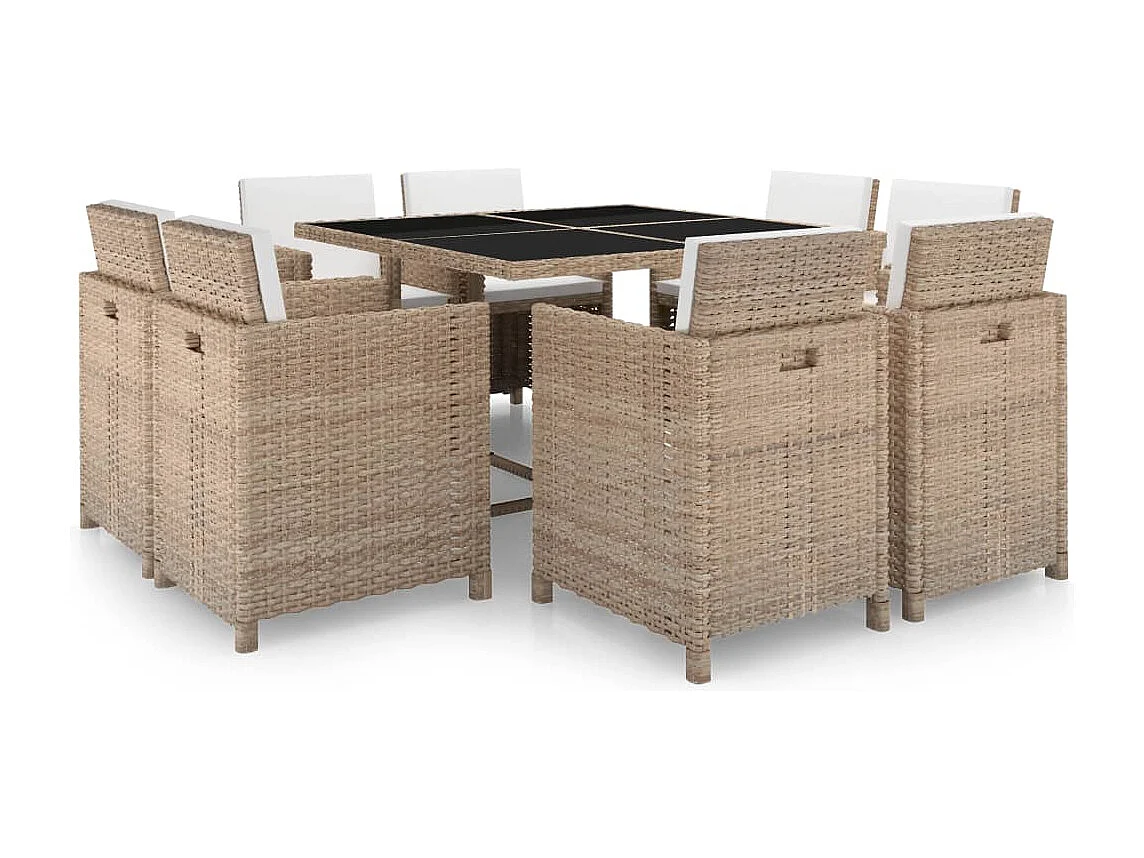 Ensemble à manger d'extérieur et coussins 9 pcs résine tressée