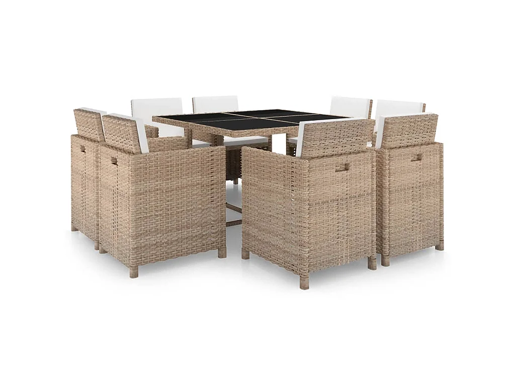 Set da Pranzo da Giardino 9 pz con Cuscini in Polyrattan Beige